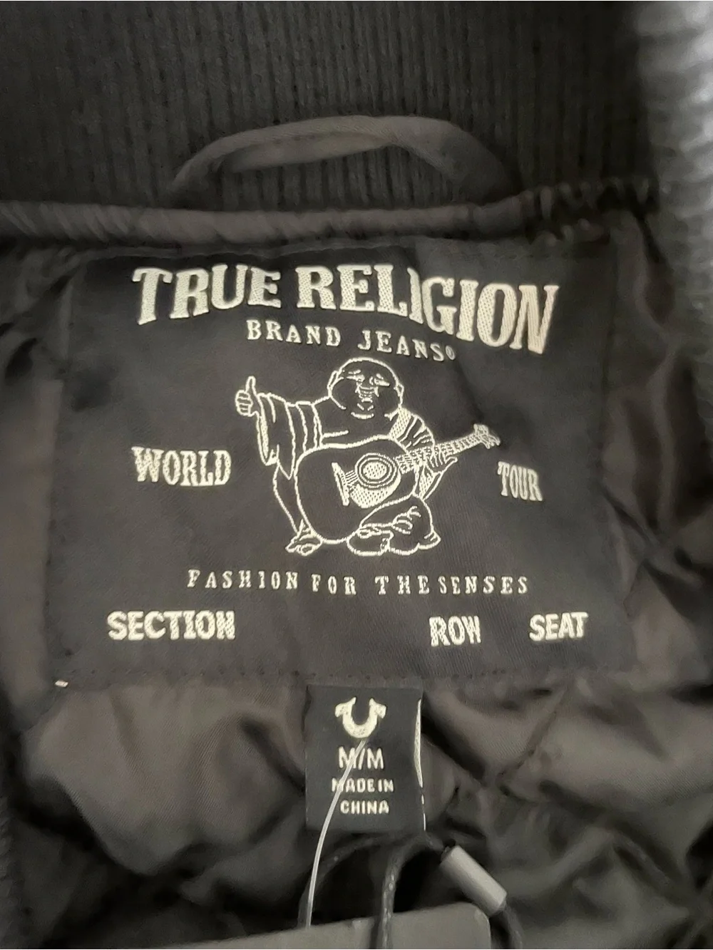 True Religion Black Satin Varsity Jacket with Gray Trim